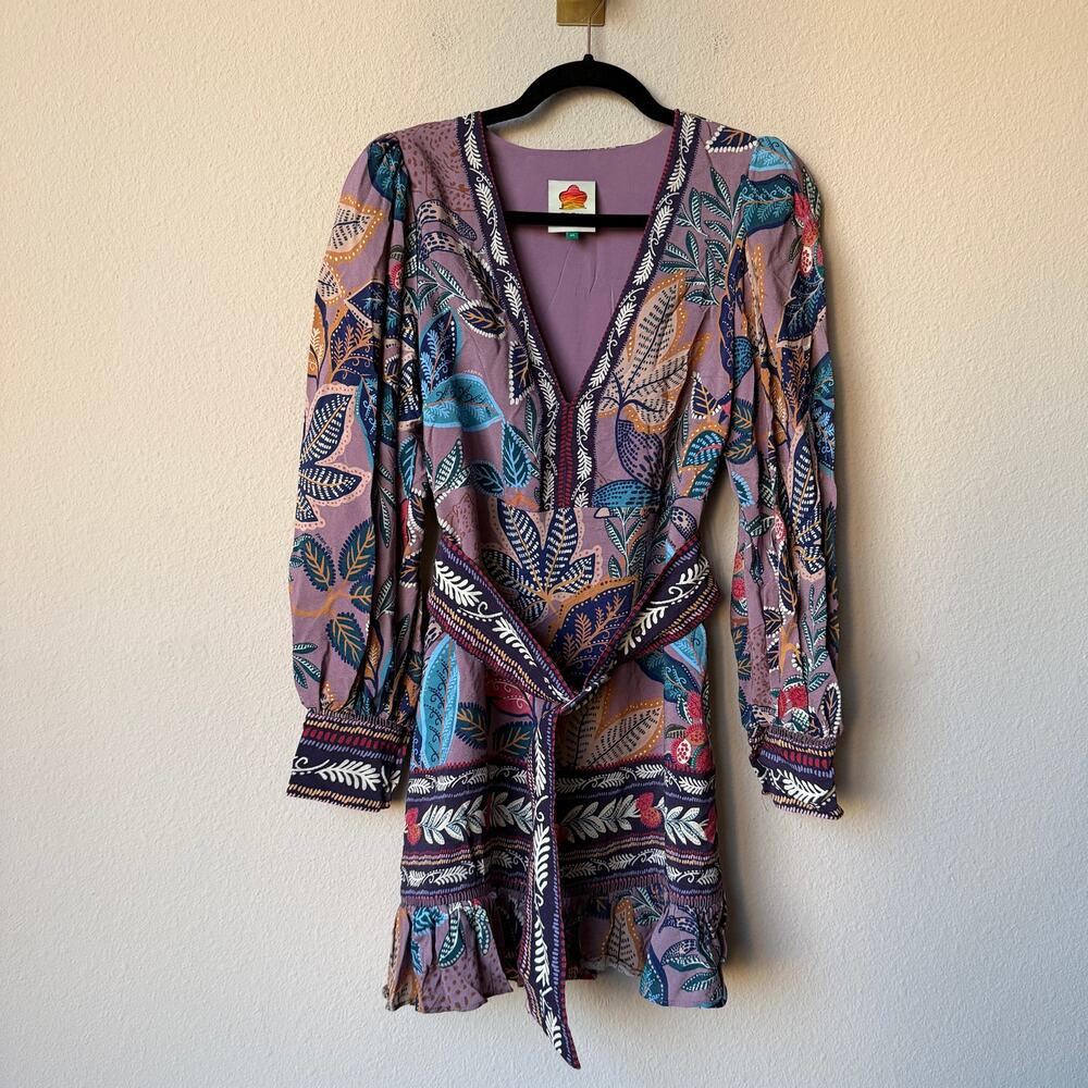 Farm Rio Wild Night Botanical Print Long Sleeve Mini Dress Size XS - Picture 2 of 8
